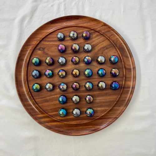 Wooden Solitaire Board Game with Glass Marbles – 22 cm (9 Inch)