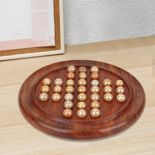 22 Cm Round Light Brown Balls Wooden Solitaire Board Game
